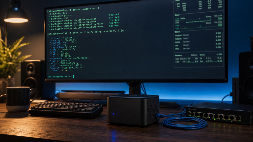 Linux-Mini-PC mit Netzwerkkabel und Linux-Terminal im Hintergrund – Symbolbild für JDownloader anonym über Tor