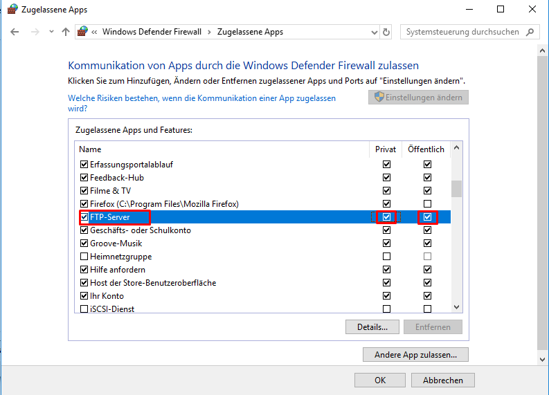 Firewall: FTP-Server für Privat und Öffentlich freigeben