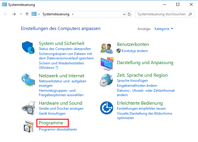 Systemsteuerung – Kategorie Programme auswählen