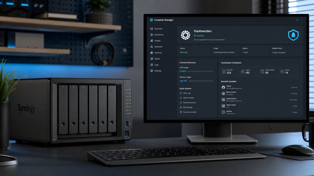 Synology NAS mit sicherem Vaultwarden-Dashboard auf einem Monitor