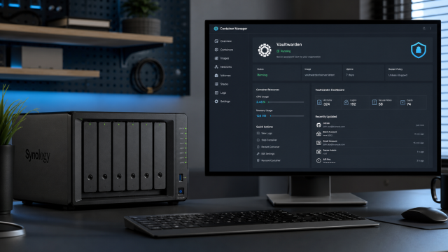 Synology NAS mit sicherem Vaultwarden-Dashboard auf einem Monitor