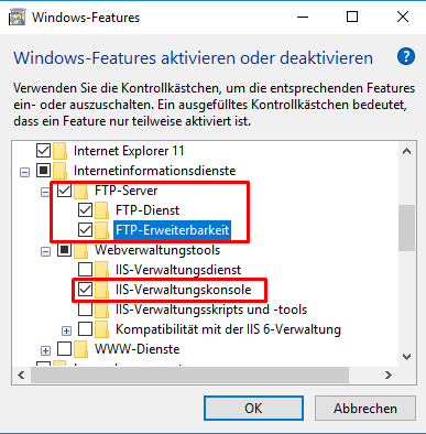 IIS – FTP-Server, FTP-Dienst und IIS-Verwaltungskonsole aktivieren
