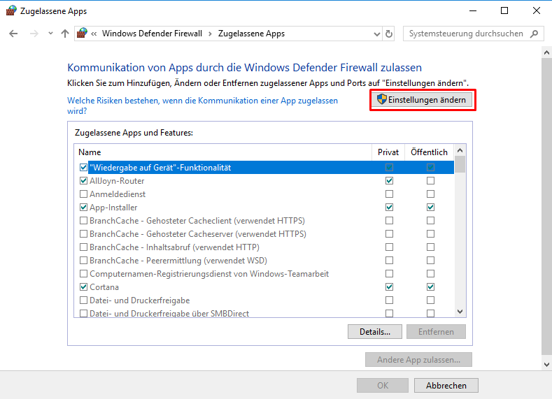 Firewall: Einstellungen ändern aktivieren