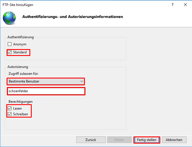 FTP-Site: Authentifizierung und Benutzerberechtigungen