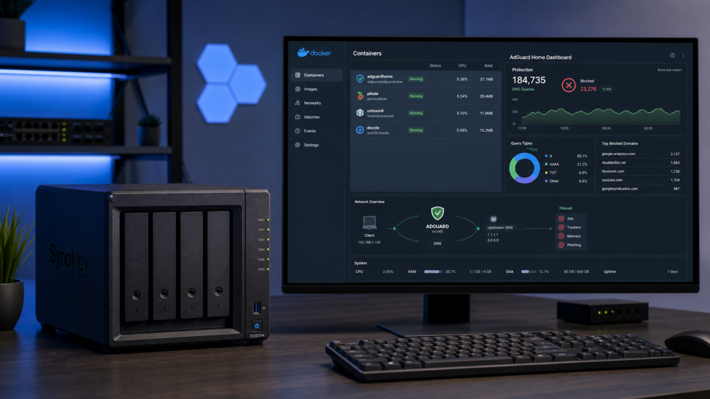 Illustration von AdGuard Home auf einer Synology NAS mit Docker