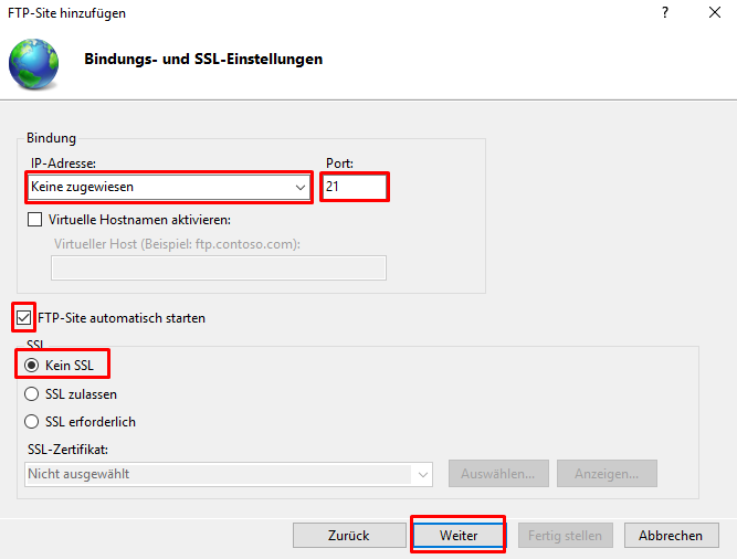 FTP-Site: IP-Adresse, Port 21, SSL-Einstellungen