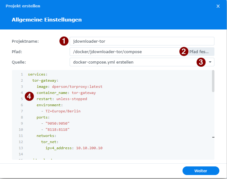 Synology Projekt Tor Jdownloader anlegen