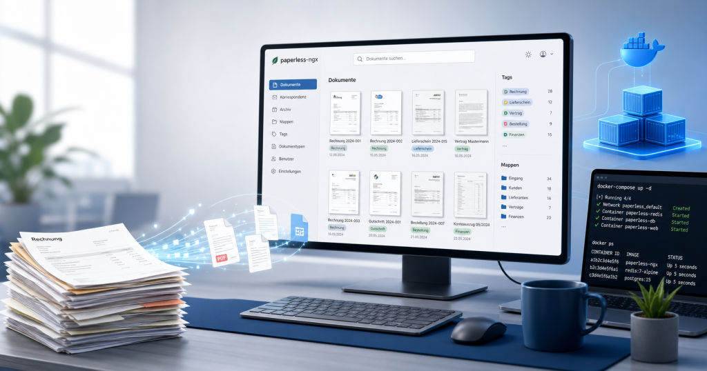 Illustration eines modernen Arbeitsplatzes mit Paperless-ngx-Oberfläche und Docker-Setup, bei dem Papierdokumente in digitale Dateien übergehen.