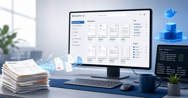 Illustration eines modernen Arbeitsplatzes mit Paperless-ngx-Oberfläche und Docker-Setup, bei dem Papierdokumente in digitale Dateien übergehen.
