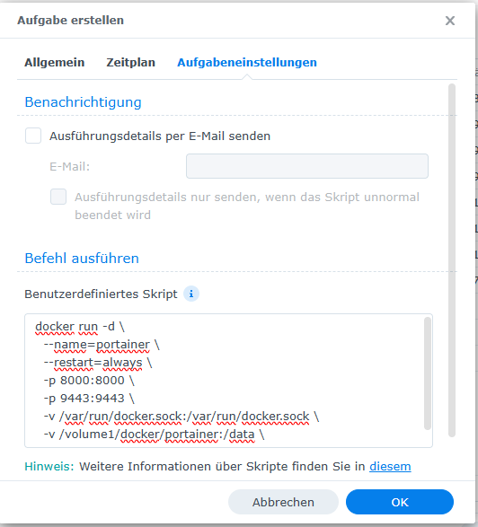 Synology Aufagbeneinstellung