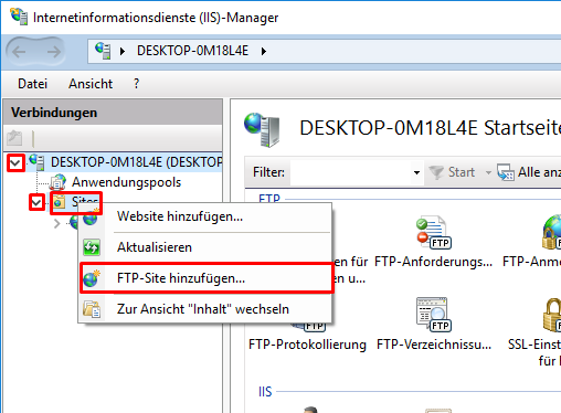IIS-Manager – FTP-Site hinzufügen über Kontextmenü