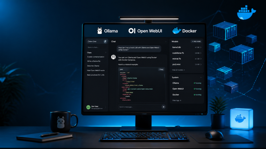 Illustration eines modernen Entwickler-Workspaces mit Monitor, Open WebUI-Oberfläche, Ollama und Docker-Containern in einer dunklen Tech-Umgebung.