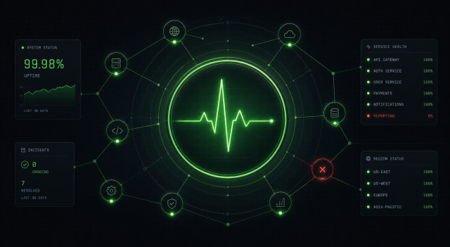 Uptime-Kuma-Symbol mit Puls-/Heartbeat-Linie und Statusanzeige vor dunklem Netzwerk-Hintergrund, Schriftzug „Selbst gehostet mit Docker"