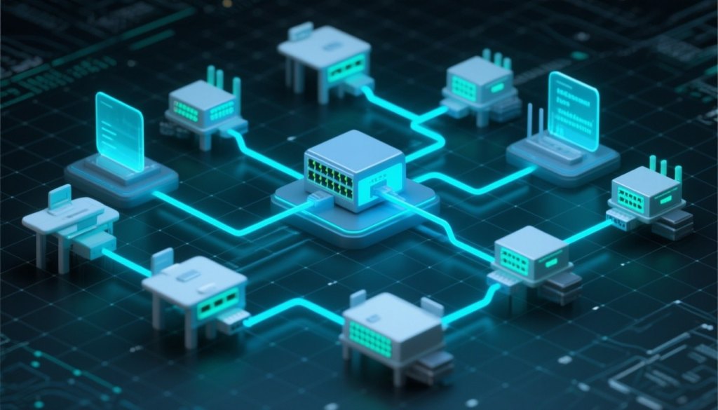 Strukturierte Netzwerk-Topologie mit verbundenen Knoten, Subnetzen und Geräten als Symbol für Netzwerkdokumentation und IPAM
