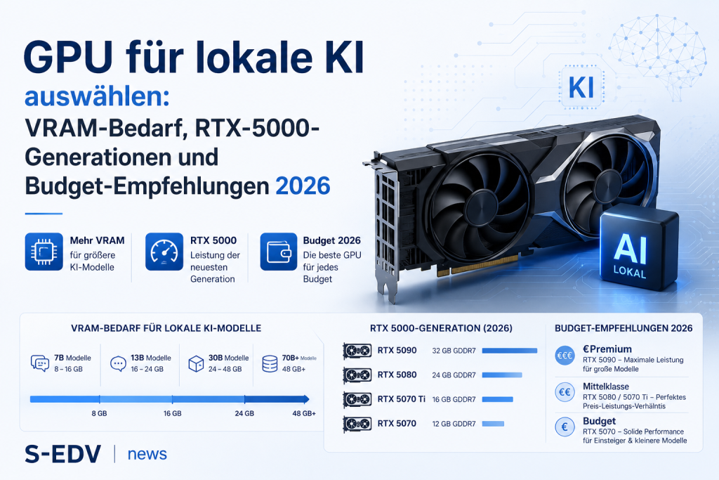 Moderne IT Grafik zur Auswahl einer GPU für lokale KI mit Fokus auf VRAM Bedarf, RTX 5000 Generationen, Leistung und Budget Empfehlungen für 2026. Darstellung mit Grafikkarte, KI Symbolen und übersichtlichen Vergleichsbereichen für lokale KI Modelle.