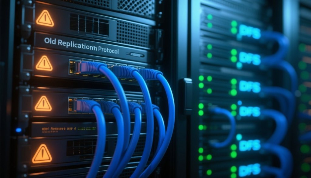 Serverraum mit zwei Rack-Systemen in blau-orangenem Kontrast – symbolisiert die Migration von FRS auf DFSR