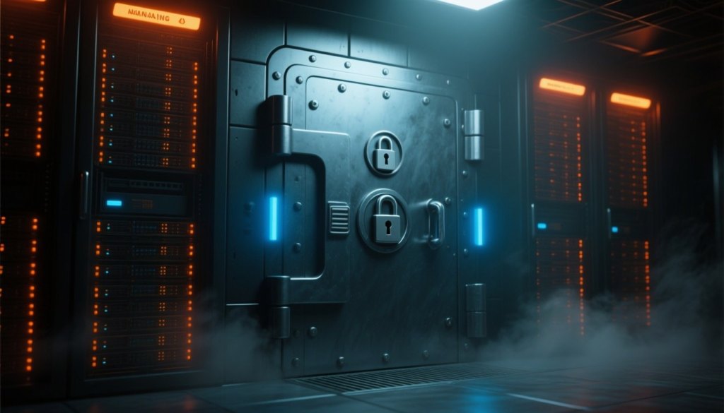 Gepanzertes Server-Tresor-Symbol in einem Rechenzentrum als Metapher für immutable Backups