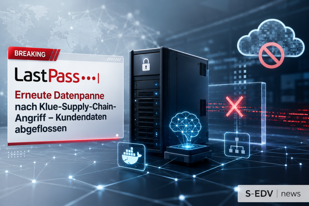 LastPass Sicherheitsvorfall nach Klue Supply Chain Angriff: Symbolische Darstellung eines Cyberangriffs auf einen Passwortmanager mit Server-System, abgeflossenen Kundendaten, digitalem Datenverkehr, Sicherheitswarnung und moderner Cybersecurity News Opti