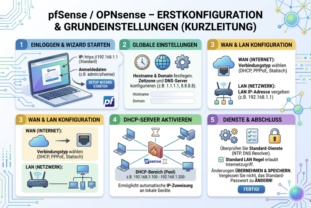 Schaubild zur Erstkonfiguration von pfSense oder OPNsense als Firewall, mit WAN- und LAN-Zuweisung, Webinterface, Basisregeln und grundlegenden Netzwerk-Einstellungen.