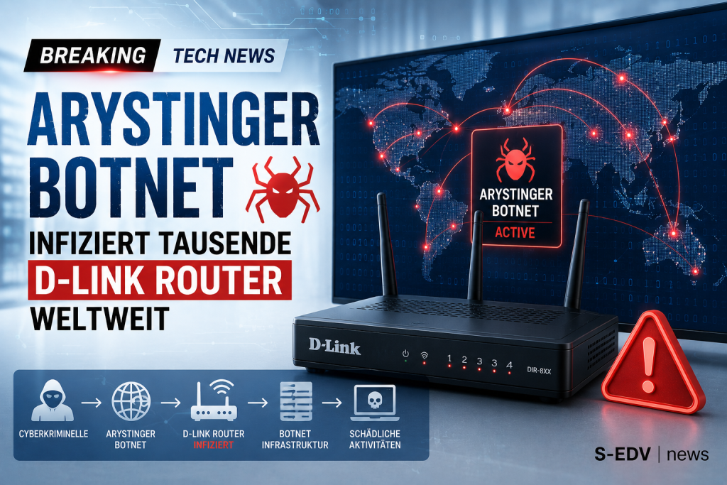 AryStinger Botnetz infiziert tausende D Link Router weltweit mit Darstellung eines globalen Cyberangriffs, kompromittierten Routern, Botnetz Infrastruktur, weltweiten Netzwerkverbindungen und roter Sicherheitswarnung.