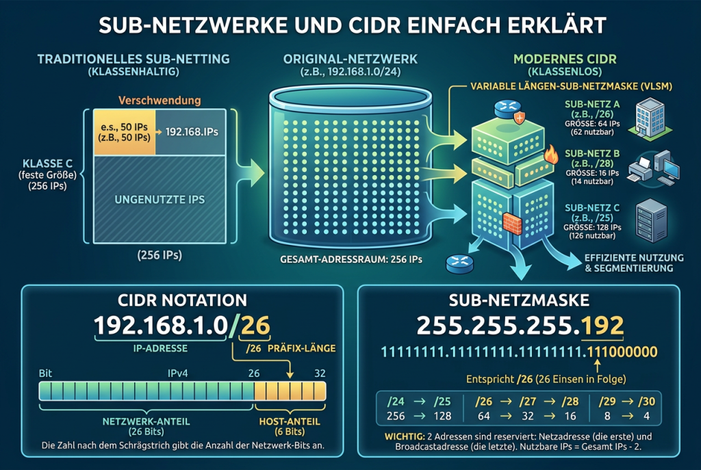 Illustration, die Subnetting und CIDR einfach erklärt, mit IP-Bereichen, Präfixen und der Aufteilung von Netzwerken in Subnetz