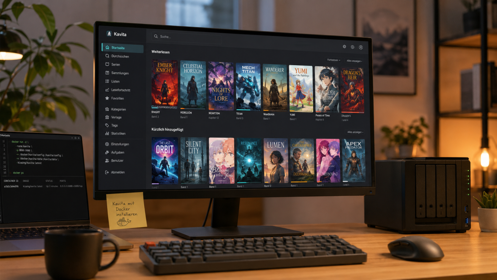 Hero Bild zu Kavita mit Docker auf einem NAS, schneller Reading Server für Comics, Manga und eBooks mit moderner Weboberfläche im Browser.