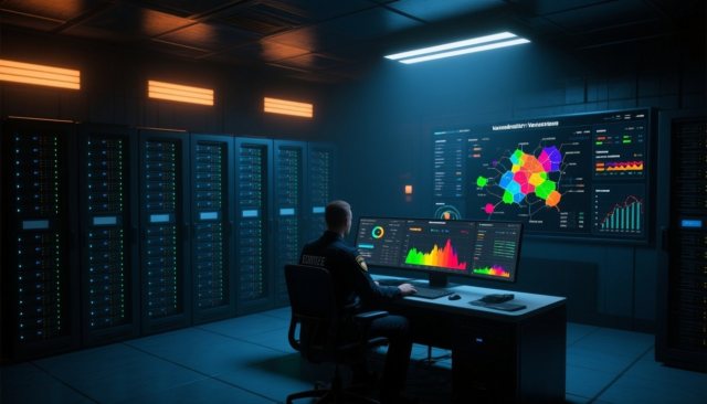 Serverraum mit Sicherheits-Dashboard und Schwachstellen-Analyse