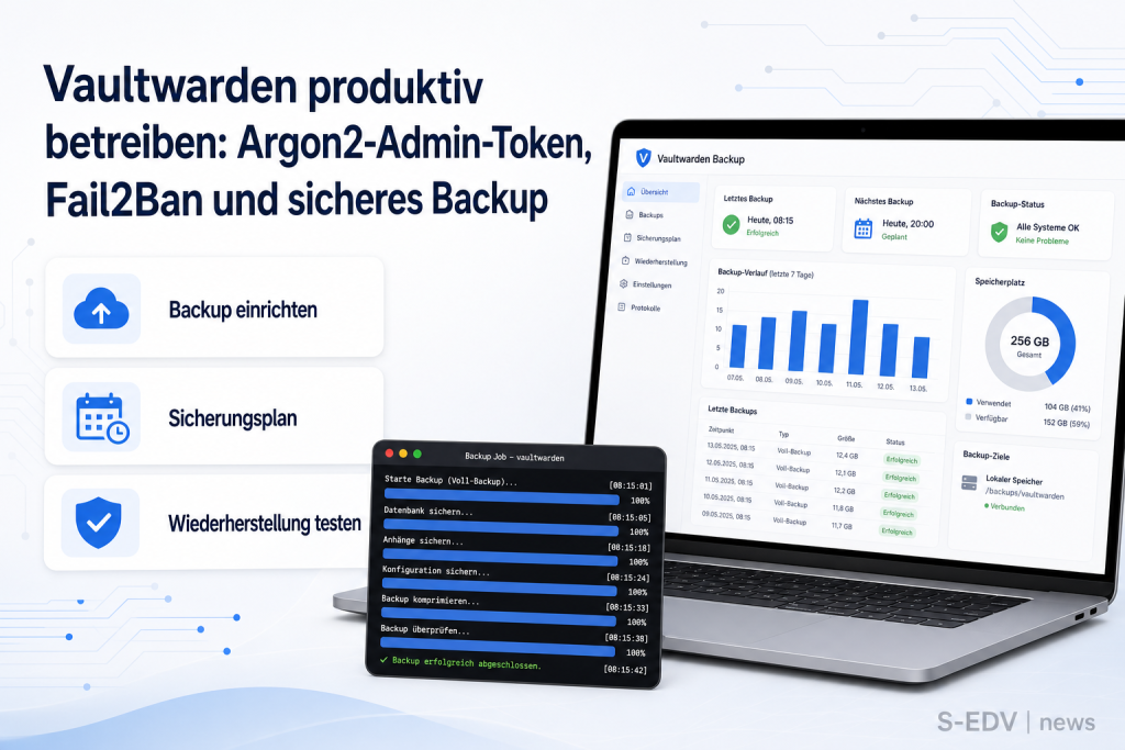 Vaultwarden produktiv betreiben: Argon2-Admin-Token, Fail2Ban und sicheres Backup