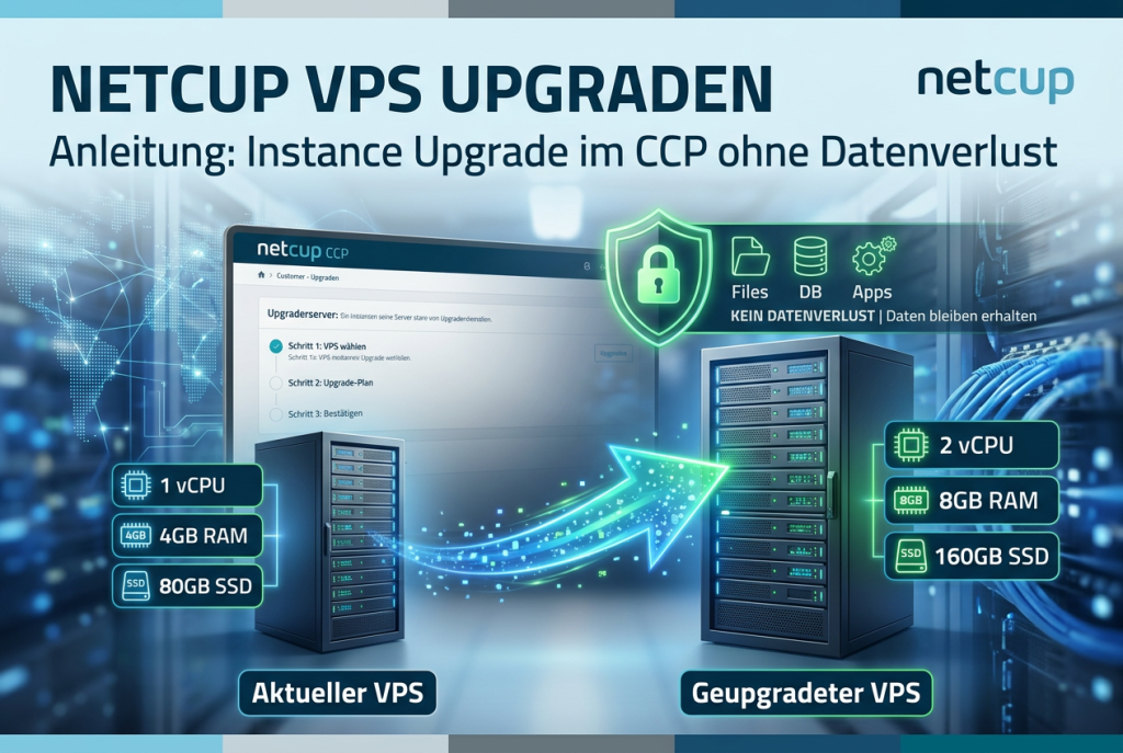 netcup CCP Oberfläche für ein VPS Instance Upgrade ohne Datenverlust mit Tarifauswahl, Upgrade-Bestätigung und Hinweis zur Datensicherung