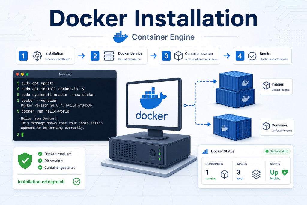 Moderne IT-Grafik zur Docker Installation mit Container Engine, Terminal, Docker Service, Images, Containern und Statusübersicht für eine technische Schritt-für-Schritt-Anleitung.