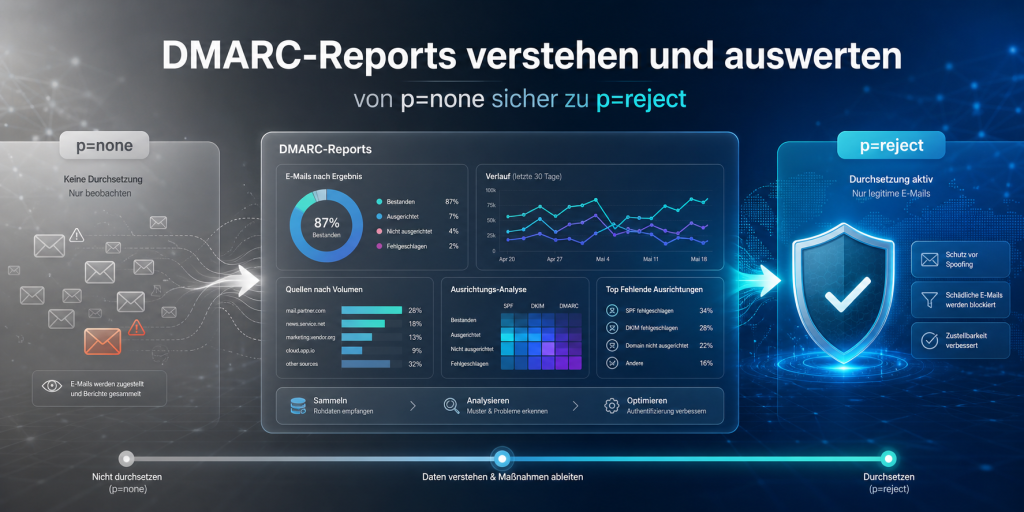Modernes Hero-Bild zu DMARC-Reports: Eine stilisierte Cybersecurity-Dashboard-Oberfläche visualisiert den sicheren Weg von „p=none“ über die Auswertung von Reports bis zu „p=reject“, mit Diagrammen, Mail-Symbolen, Domain-Schutzschild und kühlen Blau- und