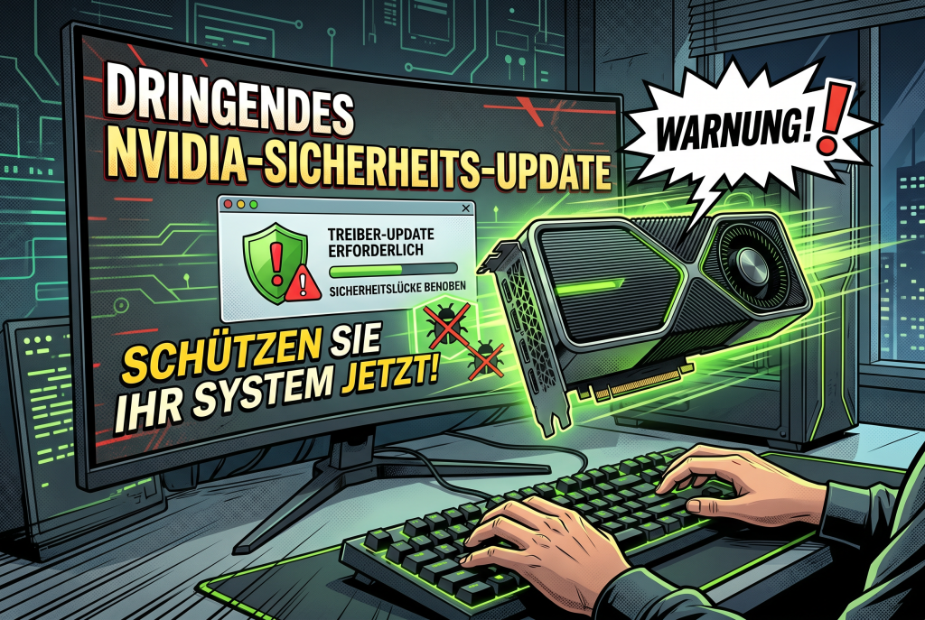 Comic-artiges Hero-Bild mit NVIDIA-Grafikkarte, Warnsymbolen und Sicherheitsupdate-Stimmung für einen Artikel über geschlossene Treiberlücken.