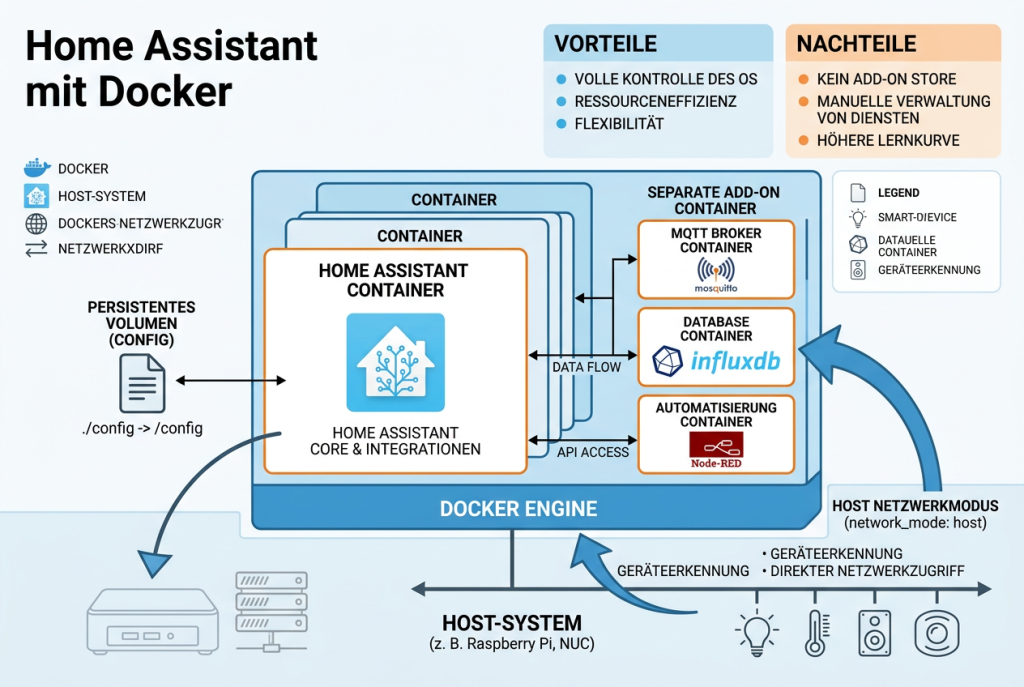 Infografik zu Home Assistant mit Docker, mit Home-Assistant-Container, Weboberfläche, eingebundenem Konfigurationsordner, lokalen Smart-Home-Geräten und manuell verwalteten Updates auf einem Linux-Host.