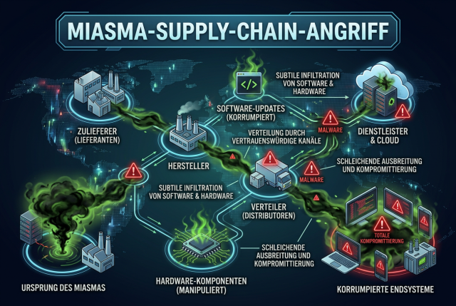 Warn-Infografik zum Miasma-Supply-Chain-Angriff mit kompromittierten Red-Hat-npm-Paketen, Diebstahl von Zugangsdaten und Geheimnissen auf Entwicklerrechnern sowie möglicher Ausbreitung über CI/CD- und Softwarelieferketten.