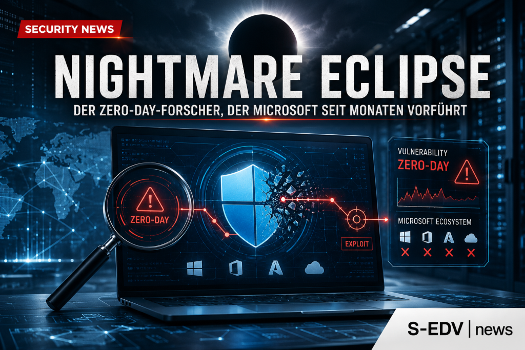 Nightmare Eclipse Sicherheitsnews Grafik mit Zero Day Warnung, beschädigtem Microsoft Schutzschild, Lupe und dunkler Cybersecurity Atmosphäre vor Server Hintergrund