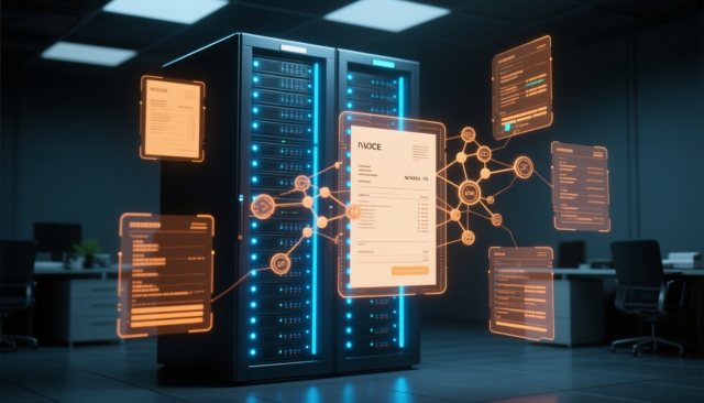 Server mit schwebenden Rechnungsdokumenten und JSON-Datenextraktion per KI