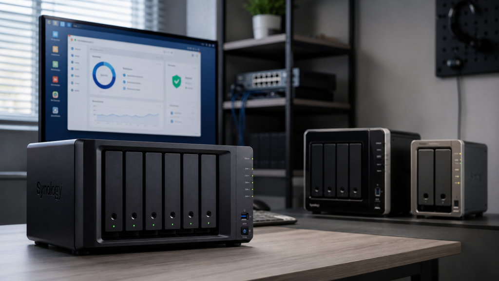 Natürliches Hero Bild mit mehreren Synology NAS Systemen in einer modernen IT Umgebung, das den Ausschluss älterer NAS Modelle vom DSM 7.4 Update symbolisiert.