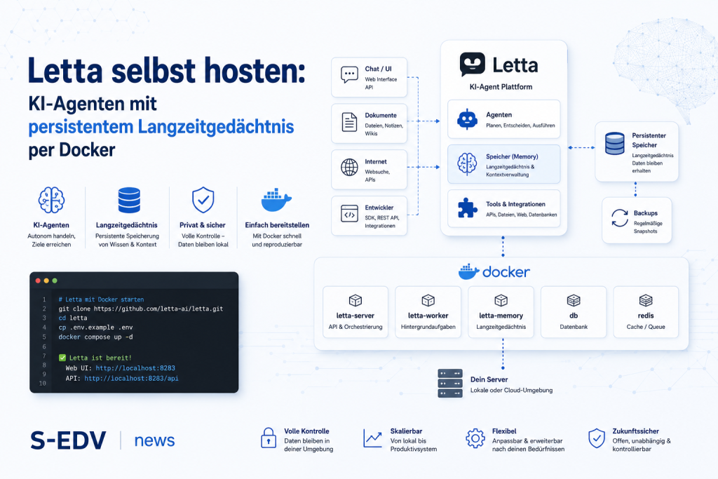 Moderne IT Grafik zum Selbsthosten von Letta per Docker mit KI Agenten, persistentem Langzeitgedächtnis, Speicher Architektur, Container Komponenten und lokaler Server Umgebung für sichere KI Workflows.