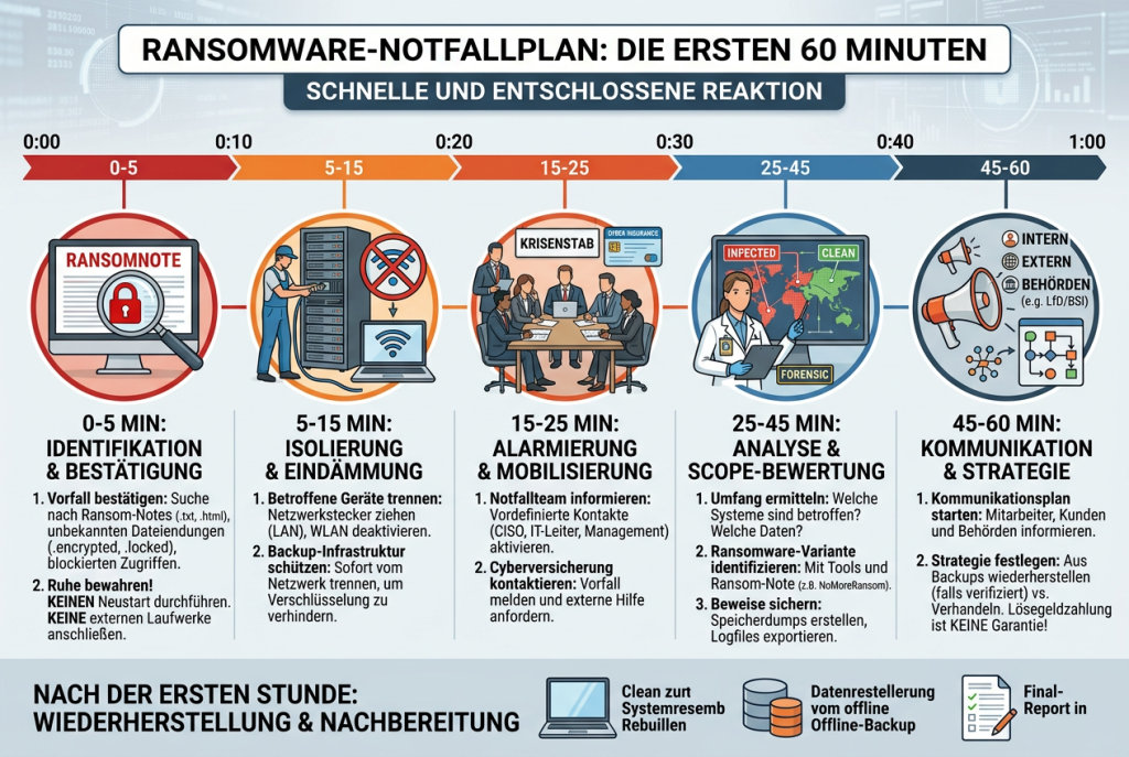 Infografik zum Ransomware-Notfallplan für die ersten 60 Minuten, mit Sofortmaßnahmen wie Systeme isolieren, Vorfall dokumentieren, Verantwortliche alarmieren, Kommunikation steuern und Wiederherstellung vorbereiten.
