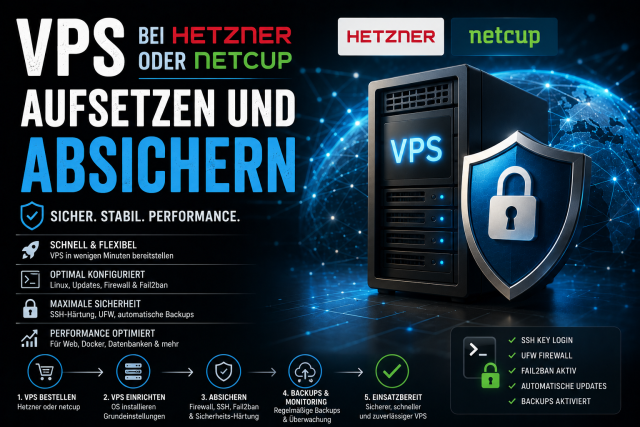 VPS bei Hetzner oder Netcup aufsetzen und absichern mit SSH Schlüsseln, Firewall, Fail2Ban, Updates und Backup Strategie
