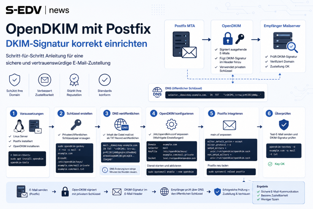OpenDKIM mit Postfix einrichten und DKIM-Signatur korrekt konfigurieren. Schritt-für-Schritt-Anleitung für sichere E-Mail-Zustellung mit DNS-Einträgen, DomainKeys Identified Mail, Mailserver-Authentifizierung, Spam-Schutz und verbesserter E-Mail-Reputatio