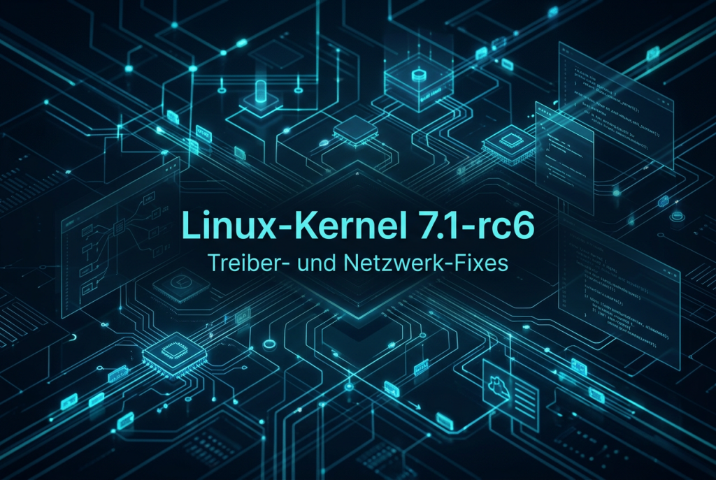 Dunkles Tech-Hero-Bild zu Linux-Kernel 7.1-rc6 mit mittigem Text und abstrahierten Netzwerk- und Treiber-Visualisierungen.