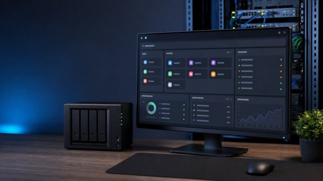 Homarr Dashboard auf einem Monitor neben einem NAS