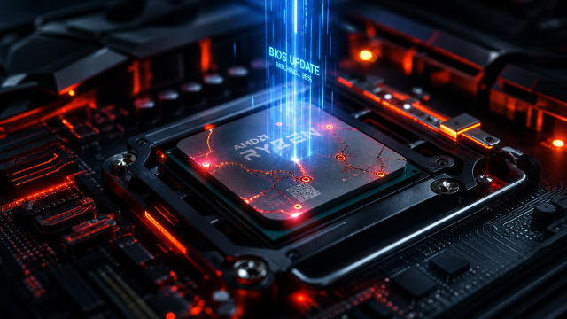 Eine Makroaufnahme eines Computerprozessors auf einem Mainboard mit roten digitalen Rissen, die durch einen blauen Lichtstrahl als Symbol für ein schützendes BIOS-Update gescannt und repariert werden.