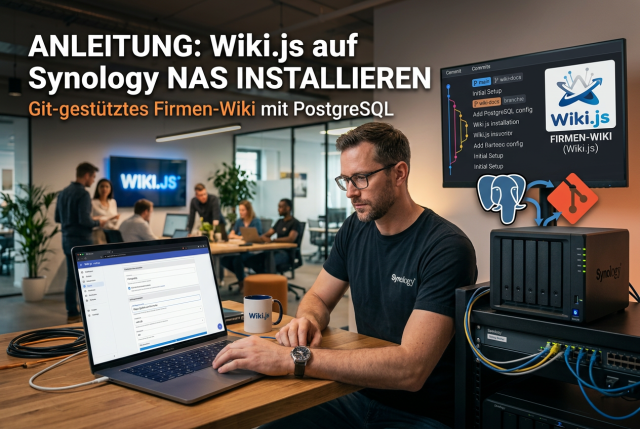 Wiki.js Installation auf Synology NAS mit PostgreSQL Datenbank, Git-Anbindung und Docker für ein selbst gehostetes Firmen-Wiki