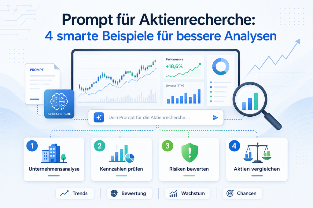 Moderne IT-Grafik zum Thema Prompt für Aktienrecherche mit vier smarten Beispielen für bessere Analysen, inklusive Diagrammen, KI-Recherche, Kennzahlen, Risikobewertung und Aktienvergleich.