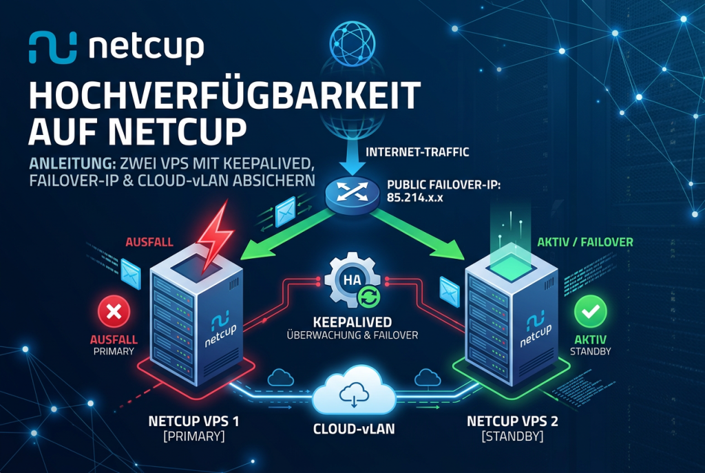 Hochverfügbarkeit auf netcup mit zwei VPS, Keepalived, Failover-IP und Cloud-vLAN für automatische Umschaltung und abgesicherte private Server-Kommunikation