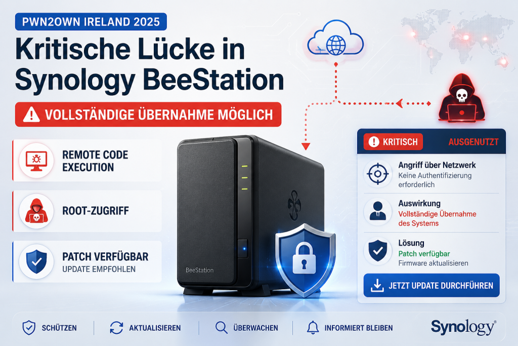 Moderne IT-News-Grafik zu Pwn2Own Ireland 2025 über eine kritische Sicherheitslücke in der Synology BeeStation, die eine vollständige Systemübernahme ermöglicht, mit NAS-Gerät, Warnsymbol, Schutzschild und Update-Hinweis.