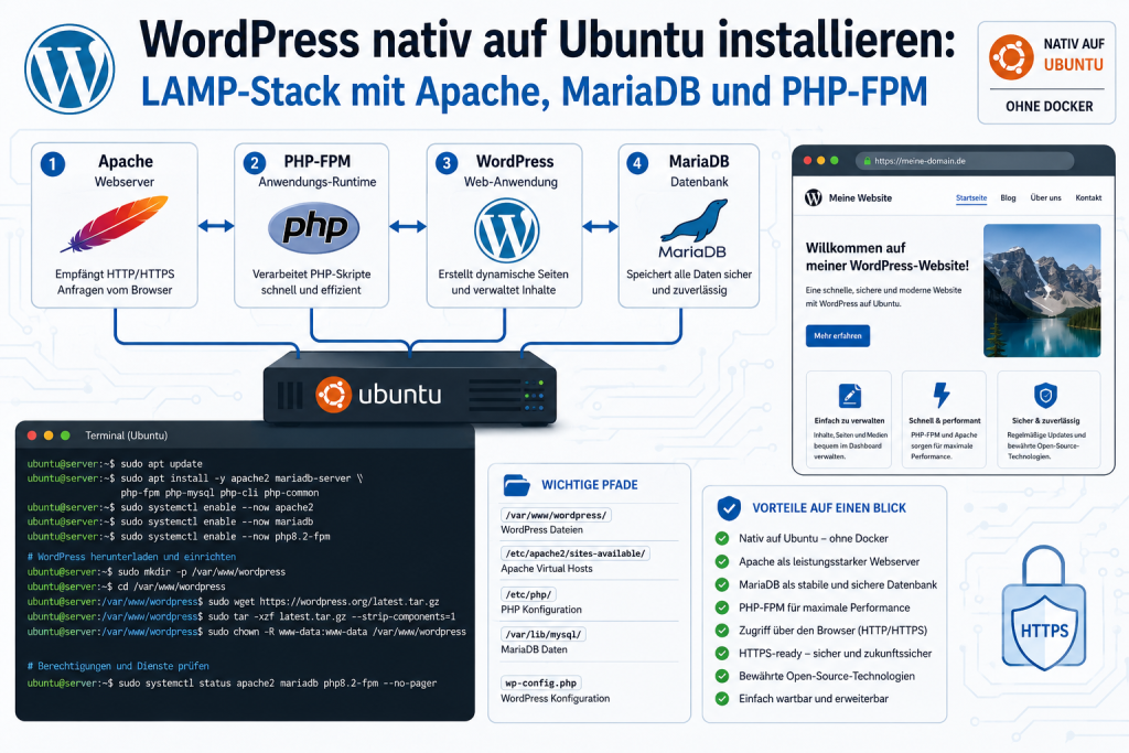 Moderne IT-Grafik zur Anleitung für die native Installation von WordPress auf Ubuntu mit LAMP-Stack, Apache, MariaDB und PHP-FPM, inklusive Server, Terminal, Weboberfläche und wichtigen Konfigurationspfaden.