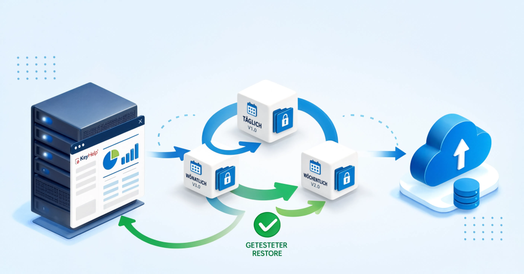 Isometrische Darstellung eines KeyHelp-Backup-Workflows mit Webserver, zyklischer Rotation täglicher, wöchentlicher und monatlicher Sicherungen, externem Cloud-Speicher und erfolgreich getestetem Restore.